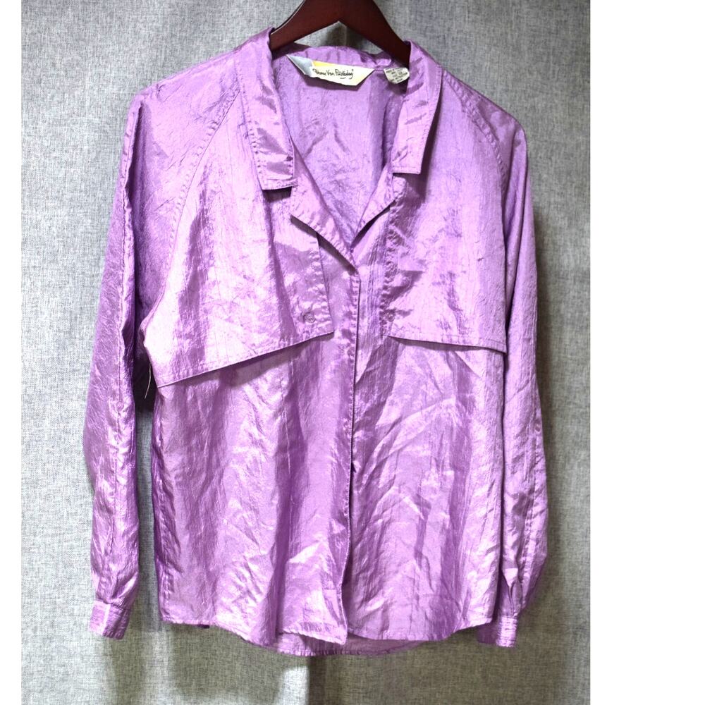 Vintage Diane Von Furstenberg Lavender Satin Blouse Womens Size 12 Button Front